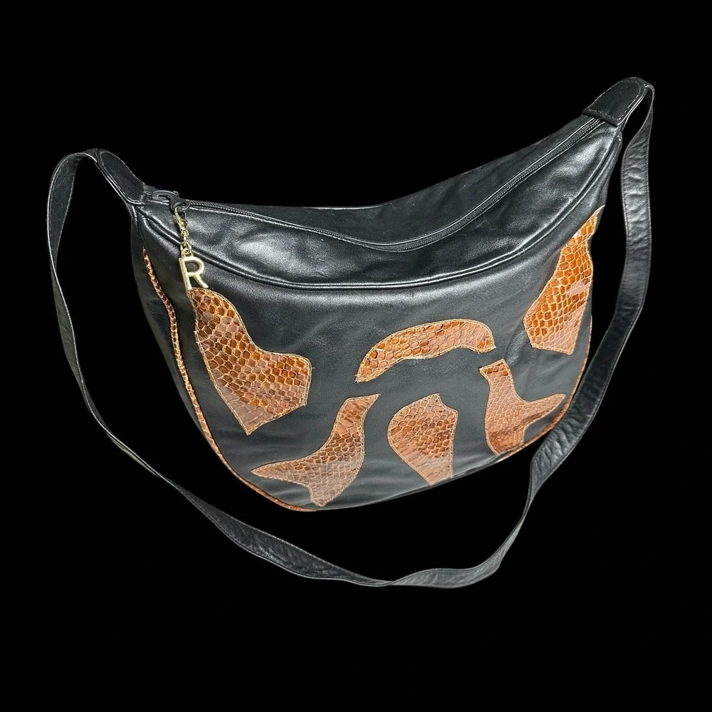 Vintage Rappi Handmade Black Leather Brown Snakeskin Patchwork Hobo Shoulder Bag